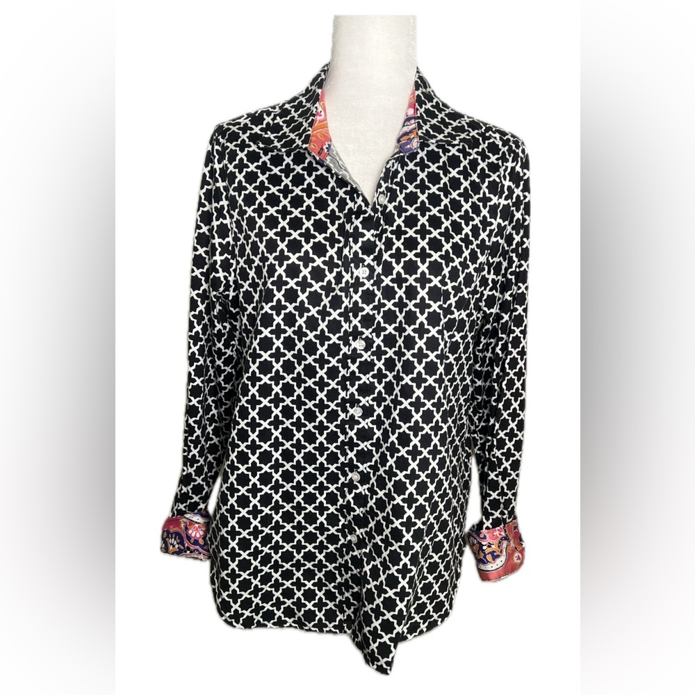 Ruby Rd. Black and White Moroccan Tile Geometric Button Down Shirt 12 Twelve - Picture 2 of 7